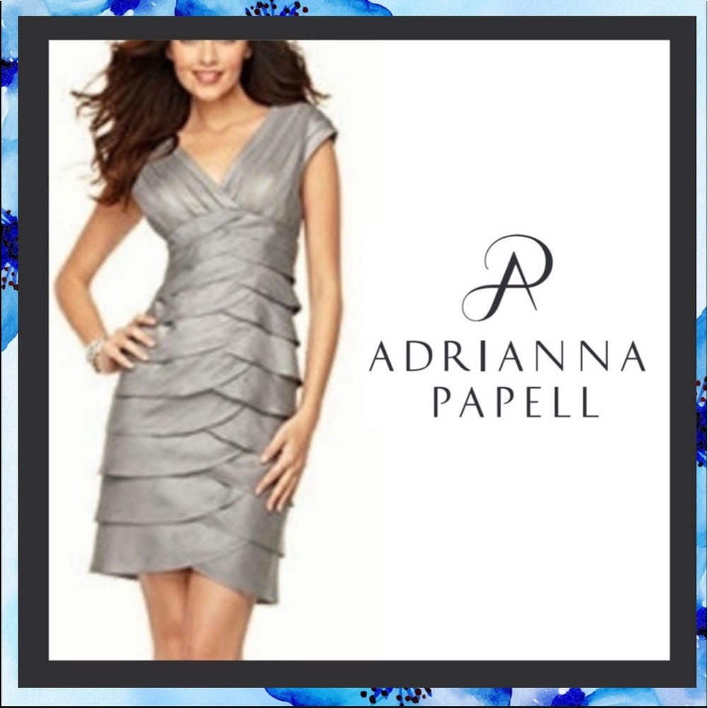 Adrianna Papell Metallic Silver w/ a Hint of Mint Green Ruffle Tier Dress Sz 10